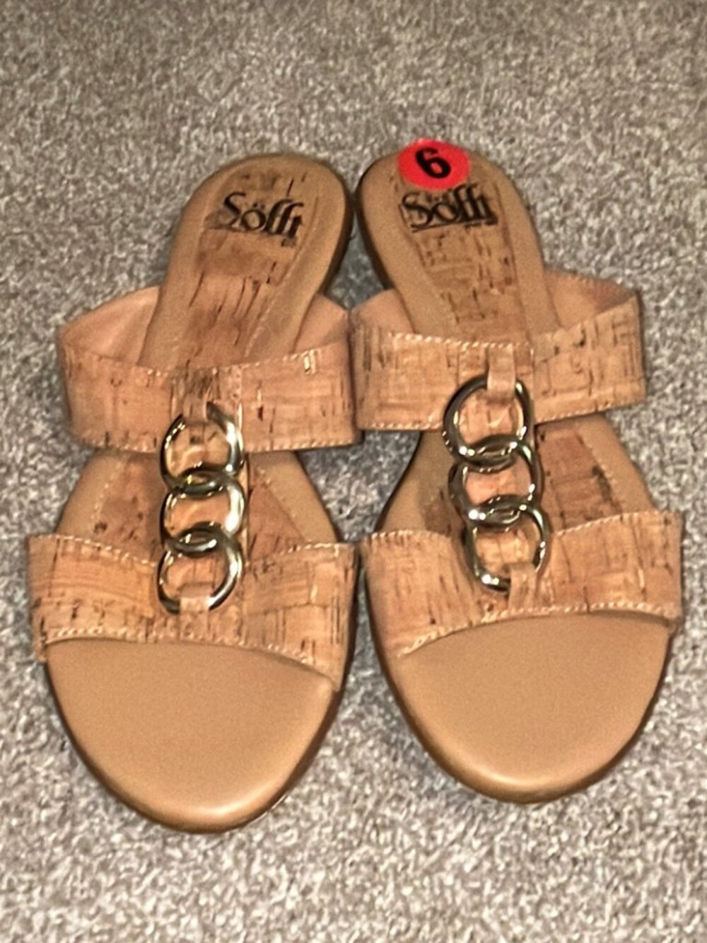 Söfft Tan Embossed Leather Sandals Comfort Slides Gold Accent SIzE 6 NWT